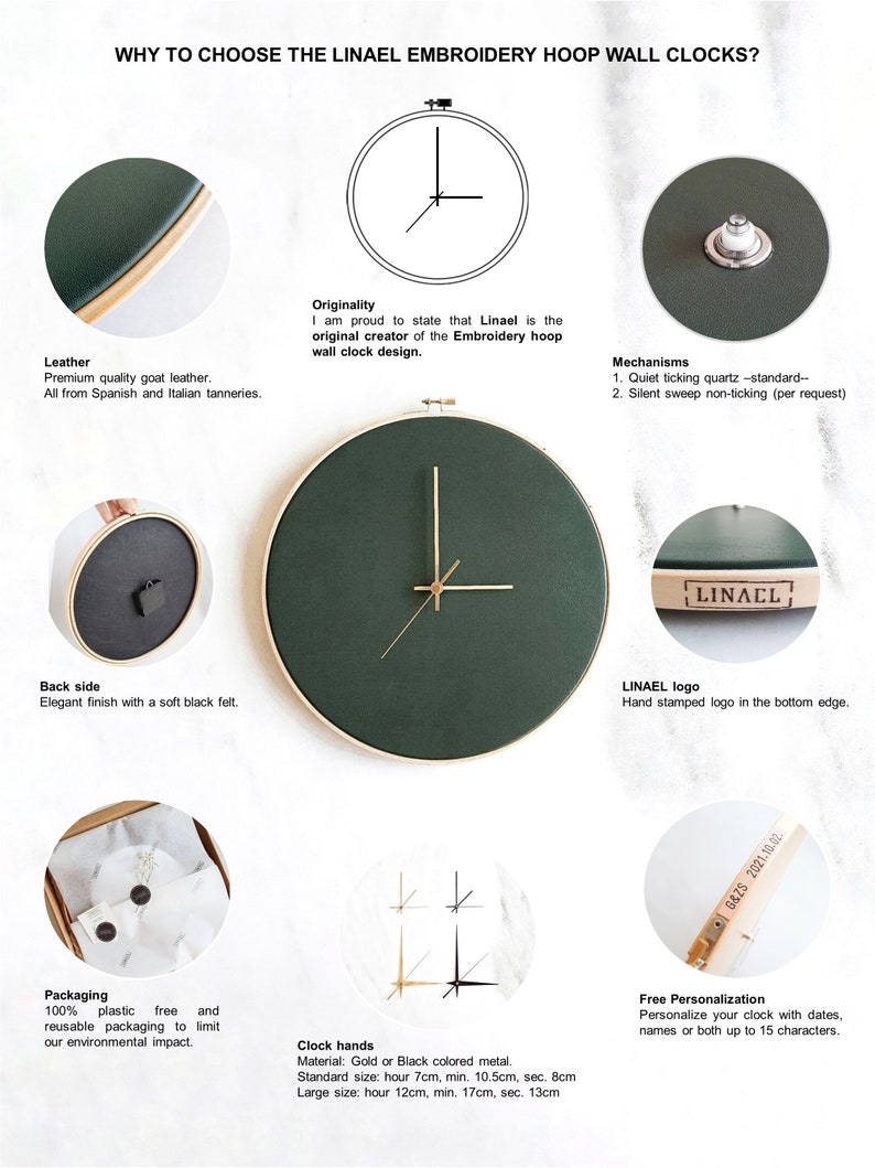 Leather wall clock. 12.6in/32cm. Olive green. Minimalist decor. Scandinavian design. Home decor gift. Unique Livingroom decor. Personalized. image 3