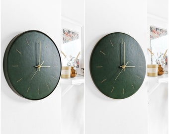 2in1 Unique Minimalist Leather Wall Clock. 16.5in/42cm. Bottle green. Home decor gift. Scandi design. Livingroom decor. Silent mechanism.