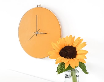 12.6in/32cm - Leather wall clock - Sunshine yellow - L size - Minimalist. Scandinavian design. Home decor gift. Unique Livingroom decor.