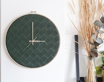 12.6in/32cm - Handwoven Leather wall clock - Bottle green. L size - Minimalist. Unique gift. Luxury decor. Sustainable & eco-friendly design