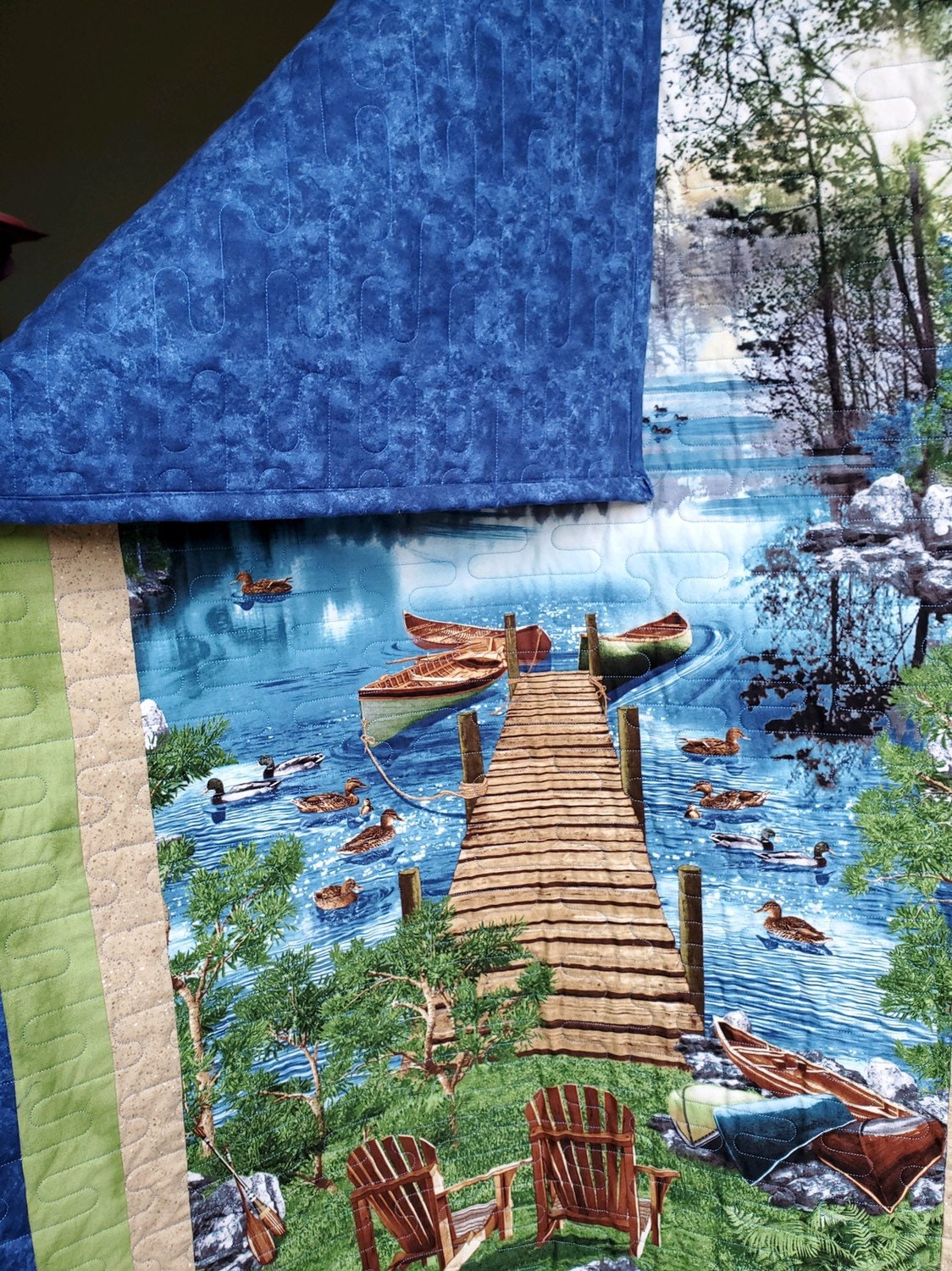 Scenic Lakeside Quilt, Canoes, Ducks, Dock, Vacation, Sunshine, Water