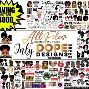 K&ouml;nnte beinhalten: Eine Collage aus digitalen Designs mit schwarzen Frauen mit Afrofrisuren und Texten zum Thema Melanin, schwarzer Kultur und Empowerment. Der Text enth&auml;lt S&auml;tze wie "Dope Diva", "Melanin", "Black Girl Magic" und "Period".