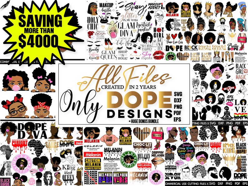 K&ouml;nnte beinhalten: Eine Collage aus digitalen Designs mit schwarzen Frauen mit Afrofrisuren und Texten zum Thema Melanin, schwarzer Kultur und Empowerment. Der Text enth&auml;lt S&auml;tze wie "Dope Diva", "Melanin", "Black Girl Magic" und "Period".