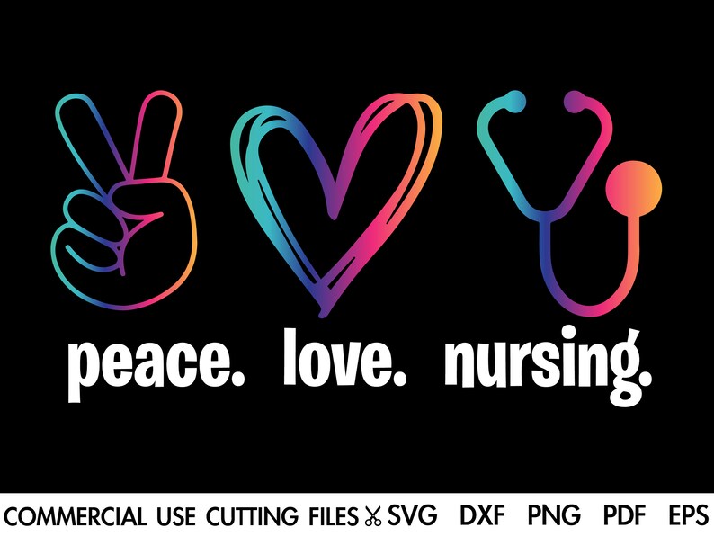K&ouml;nnte beinhalten: Peace, Love und Nursing Grafikdesign mit einem Peace-Zeichen, einem Herzen und einem Stethoskop in Regenbogenfarben. Der Text ist wei&szlig; und lautet "peace. love. nursing."