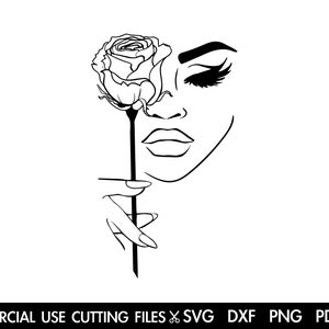 May include: A black and white line drawing of a woman's face with a rose covering one eye. The woman is holding the rose stem with her hand.