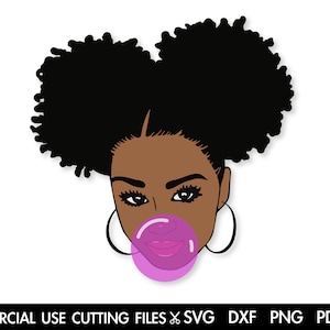 Menina com chiclete SVG, Pão bagunçado Svg, Linda garota Svg, Mulher negra Svg, Melanina Svg, Cabelo natural Svg, Pães Svg Silhueta de arquivo cortado
