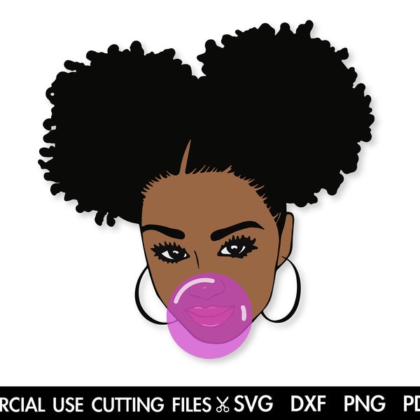 Girl With Bubble Gum SVG, Messy Bun Svg, Beautiful Girl Svg, Black Woman Svg, Melanin Svg, Natural Hair Svg, Buns Svg Cut File Silhouette