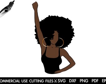 May include: A black silhouette of a woman with an afro hairstyle, wearing large gold hoop earrings and a black tank top, raising her fist in the air.