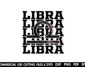 May include: Black and white graphic design featuring the word "LIBRA" repeated five times with a glitter-textured Libra zodiac symbol in the center.