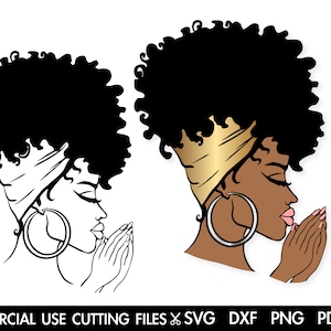 May include: A black and white line drawing and a coloured illustration of a woman with an afro hairstyle wearing a headband and large hoop earrings. She is praying with her hands clasped together.