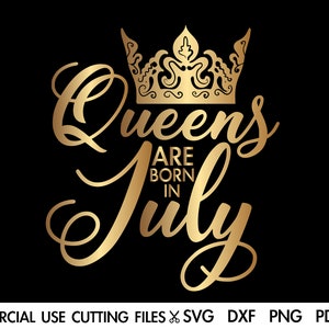 以下が含まれることがあります： 王冠と「Queens are born in July」というテキストが書かれた金色のグラフィックデザインです。