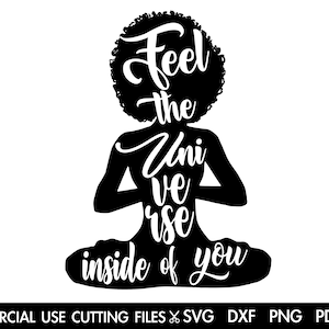 Sentez-vous l'univers SVG, SVG Afro Yoga, méditation Svg, Afro Svg, Yoga Svg, Yoga Lotus Svg, femme noire méditation Svg coupe fichier Silhouette