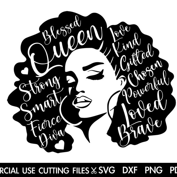 Femme SVG, Afro SVG, Femme noire SVG, Afro Femme Svg, Reine Noire Svg, Black Girl Magic Svg Cut File Silhouette, Cricut Svg, Dxf, Png, Pdf