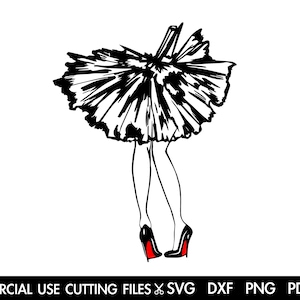 K&ouml;nnte beinhalten: Schwarz-wei&szlig;e Linienzeichnung einer Frau in einem Tutu und roten High Heels.