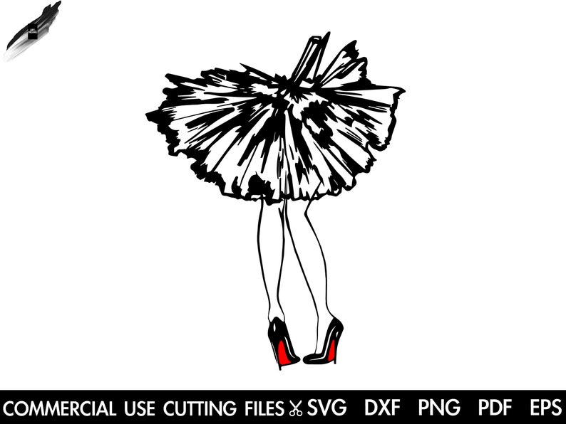K&ouml;nnte beinhalten: Schwarz-wei&szlig;e Linienzeichnung einer Frau in einem Tutu und roten High Heels.