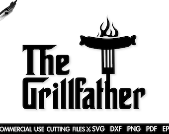 May include: Black and white silhouette of a hot dog on a fork with flames coming from the top. The text "The Grillfather" is below the hot dog.