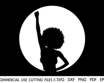 May include: Silhouette of a woman with an afro hairstyle raising her fist in the air. The woman is standing in front of a white circle.