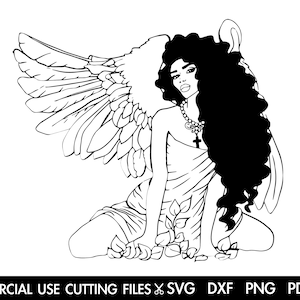 May include: Black and white line art illustration of a woman with long hair and wings. She is wearing a flowing dress and has a cross necklace.