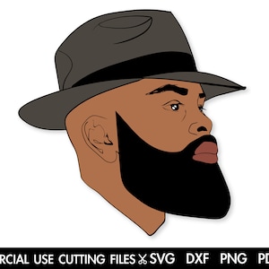 May include: A digital illustration of a person's head and shoulders. The person has brown skin, a black beard, and is wearing a gray fedora.