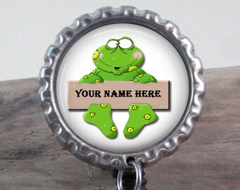 Frog Custom Name Badge Reel or Keychain 048 - Choice of 4 Styles - Custom Frog Badge Buddy - Custom Frog Name ID Badge Reel or Keychain Gift