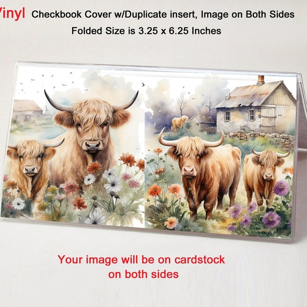 Highland Cows 4 Vinyl Checkbook Cover - Includes Duplicate Insert - Top Tear Standard Checks - Money or Coupon Holder - Cow Check Book Gift