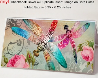 Checkbook Cover Vinyl Dragonflies with Duplicate Insert, Money or Coupon Holder, Top Tear Checks, Check Book Holder