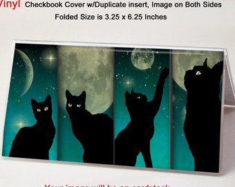 Black Cats and Moon Vinyl Checkbook Cover - Includes Duplicate Insert - Top Tear Standard Checks - Money or Coupon Holder - Black Cats Gift