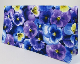 Pansies Floral Fabric Checkbook Cover - Coupon or Money Holder - Flowers Gift Idea - Check Book Cover - Handbag Checkbook Cover Gift Idea