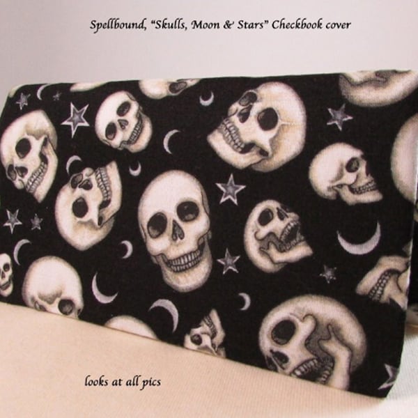 Spellbound Skulls Fabric Checkbook Cover - Coupon, Money Holder - Skulls Gift - Skulls Check Book Cover - Skulls Moon Stars Checkbook Cover