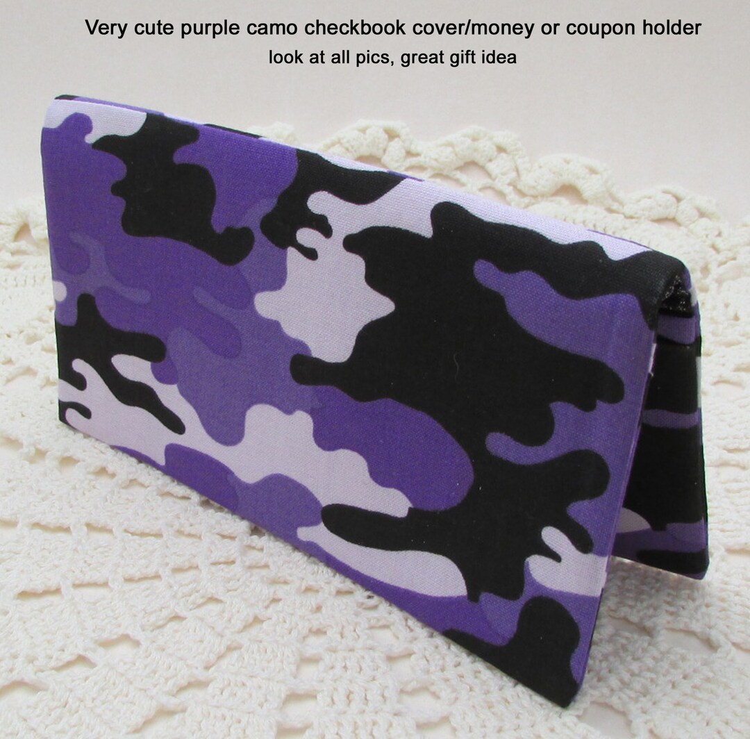Purple Camo Fabric Checkbook Cover Coupon or Money Holder Camo Gift