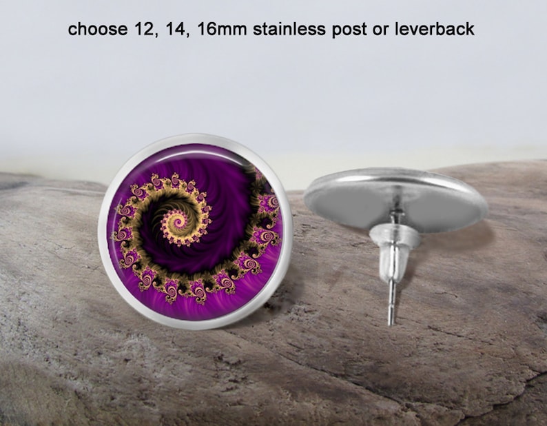 Earrings Purple Fractal Stainless 14mm Choice of 12mm Abstract Gift Purple Gift Idea 16mm Leverback or Post Style Abstract Jewelry