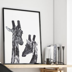 Zwart-wit paar giraffen, giraffen, modern canvas, aquarel tekening print, leuke poster