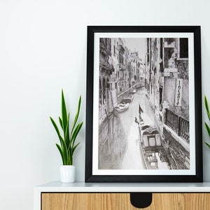 Schwarz-Weiß-Bleistiftzeichnung von Venedig, Digitaler Download, Moderne Kunst, Grafische Zeichnung