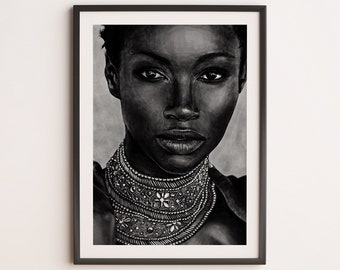 Digital download, Black and white portrait of beautiful african woman, Digital drawing, downloadable art, Wall art, Elegant Modern art