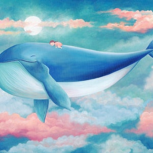 Fairy whale in the clouds for a baby girl. Lullaby picture. Print on canvas