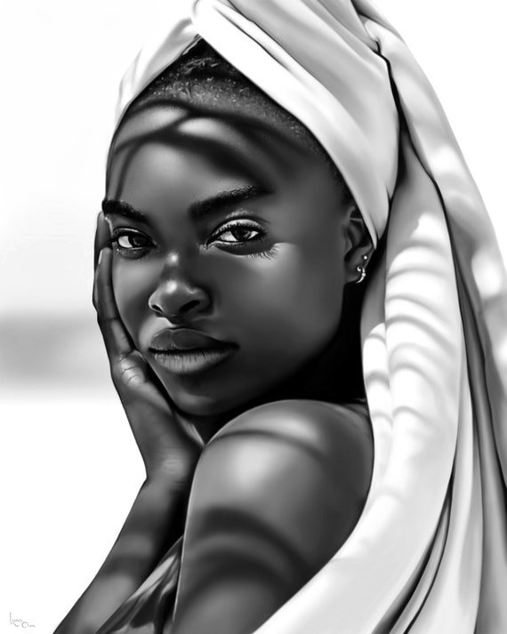 Portrait noir et blanc dune belle femme africaine, Dessin