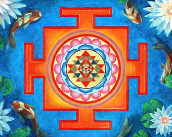 Sri Yantra, Yantra of harmony and prosperity, Sri Chakra, Lakshmi Yantra, Koi carps, Canvas print of original acrylic painting