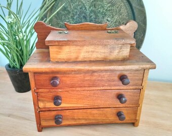 Vintage Wood Jewelry Box Dresser Caddy Flip Top Lid with Drawer Handmade One-Of-A-Kind