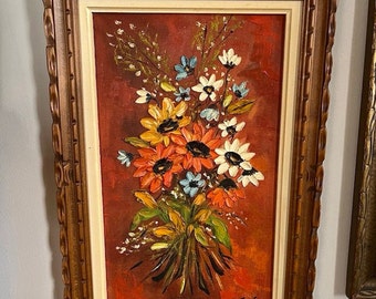 Vintage peinture florale originale huile/acrylique empâtement sur toile encadrée signée country cottage ferme MCM galerie mur