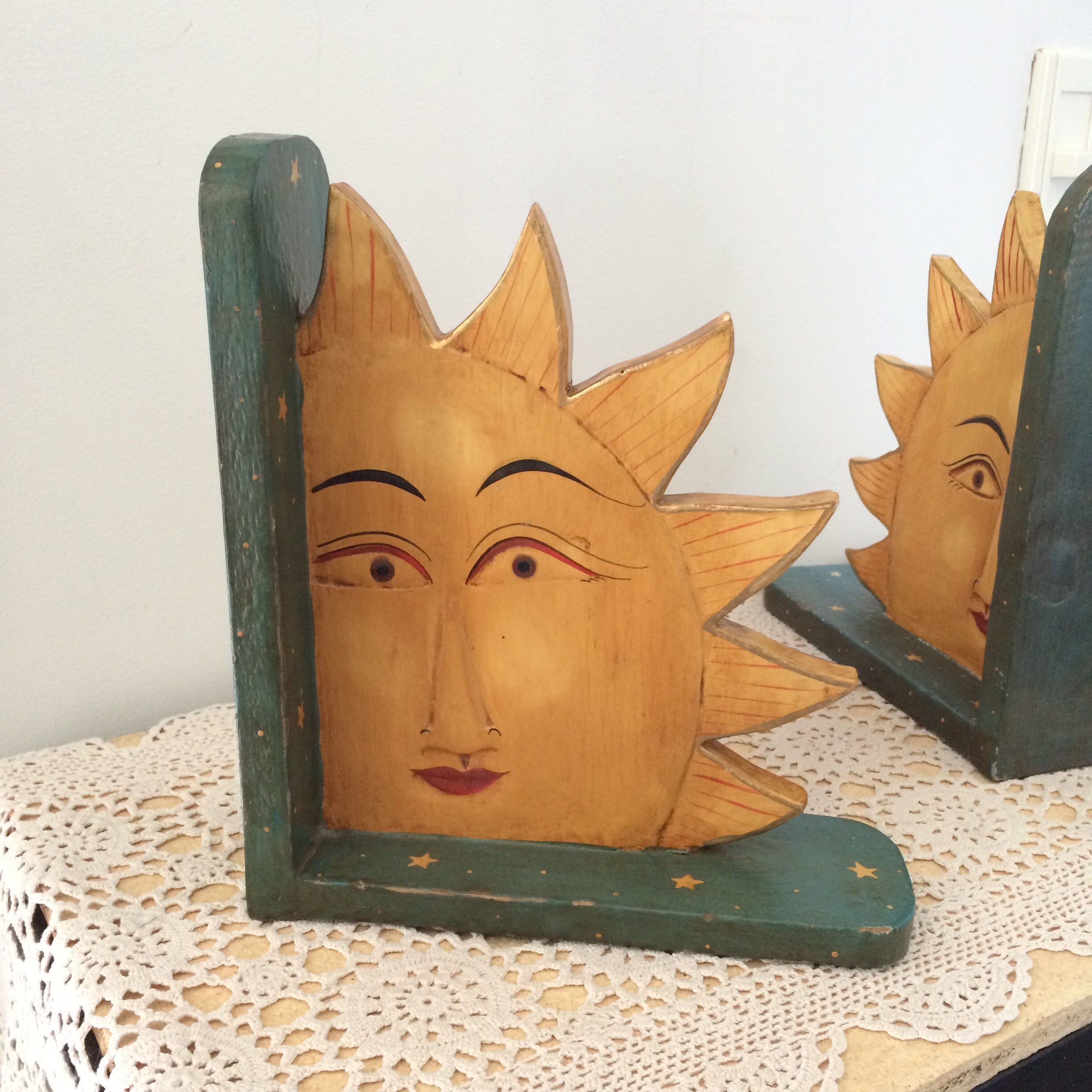Vintage Folk Art Celestial Wood Sun Bookends Hand Painted Made Etsy