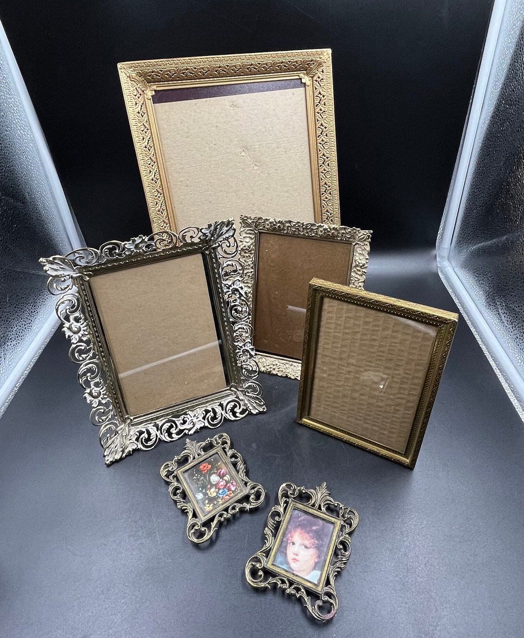LOT Mismatched Ornate Gold Tone Metal Photo Frames W/glass Shields