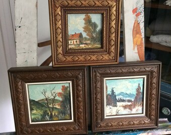Three Original Vintage Oil/Acrylic Paintings on Wood Board Ornate Wood Frames  Artiste Santerre