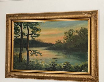 Original Oil/Acrylic Painting River Wood Scene Canvas Board Framed Signed Country Cottage Farmhouse Victorian Dark Academia Wall Gallery