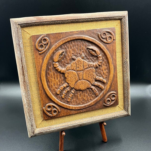 Vintage Zodiac Cancer Sign Wood Framed Horoscope Tile Astrological Wall Plaque Boho Bohemian Cottagecore Dark Academia