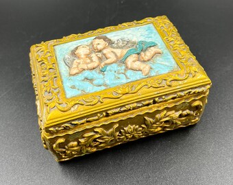 Vintage Cherub Trinket Box Ornate Plaster of Paris Gold Tone Keepsake Victorian Style