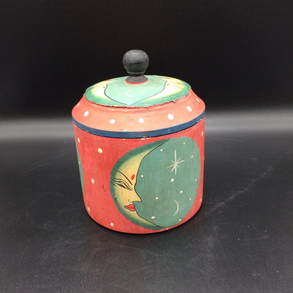 Vintage Celestial Magical Half Moon Wooden Trinket Box Cylindrical Shaped Hand Painted Storage Box Boho Bohemian Witchy Decor