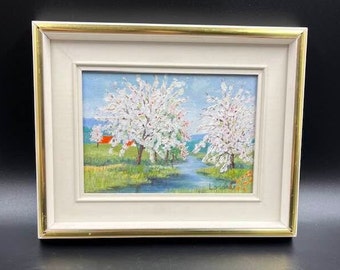 Petite peinture originale à l'huile/acrylique arbres printaniers en fleurs tendue sur toile encadrée signée datée maison de campagne ferme décoration shabby chic