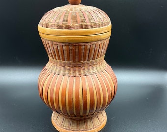 Vintage Woven Bamboo Urn Wicker Straw Pedestal Storage Basket Shanghai Handicraft Boho Bohemian Decor