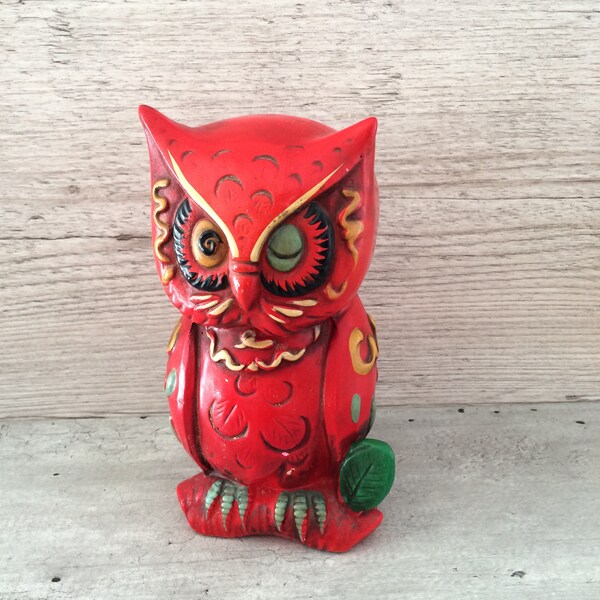 Vintage Anthropomorphic Owl Coin Bank Hand-Painted Porcelain MCM Boho Bohemian