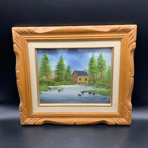Vintage Original Oil/Acrylic Painting On Wood Board Wood Cabin Lake Scene Signed Framed